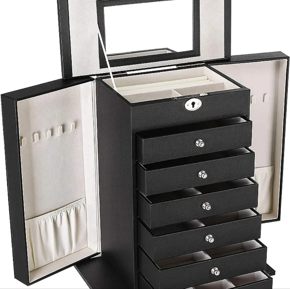6 Tier Jewelry Box w/ Drawers, Mirror, Lock - Black Vegan Leather